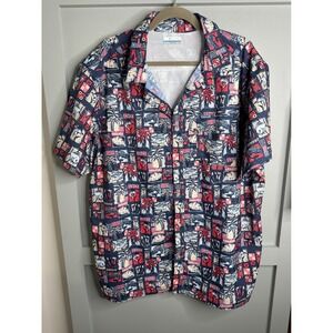 Columbia PFG Mens XL Fishing Shirt Tropical Fish Palm Tree Print Navy Red FM1039